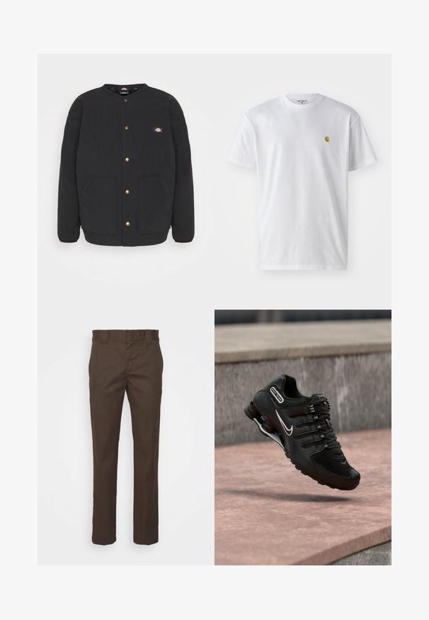 Veste matelassée noire avec un col rond, des boutons-pression dorés et deux poches avant. Présente un petit logo sur la poitrine gauche.; T-shirt en coton blanc à manches courtes, col rond, avec un petit logo doré sur la poitrine gauche. Texture douce et coupe régulière.; Pantalons marron en tissu résistant, avec une coupe droite, une taille standard et des poches latérales pour plus de fonctionnalité.; Chaussure de running Nike Shox noire avec logo swoosh blanc, en l'air au-dessus d'une surface en béton rosée devant un mur en pierre gris.