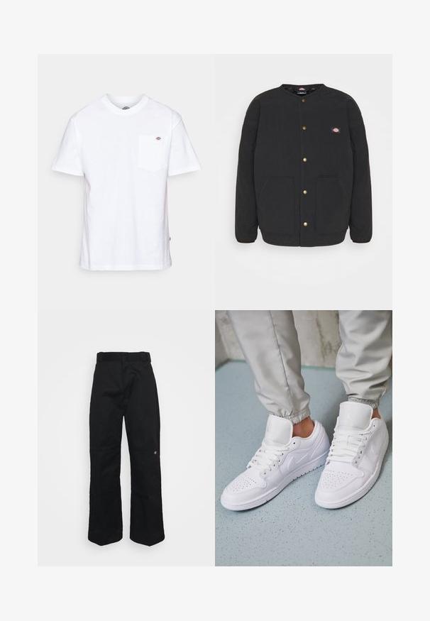 Veste matelassée noire avec un col rond, des boutons-pression dorés et deux poches avant. Présente un petit logo sur la poitrine gauche.; T-shirt en coton blanc avec un col rond, des manches courtes et une poche poitrine arborant un petit logo de la marque sur le côté gauche.; Pantalon noir en tissu robuste, présentant une coupe droite, des passants pour ceinture et un petit logo sur le côté inférieur.; Des baskets en cuir blanc présentent une zone de perforation à l'avant, des lacets plats, un col rembourré et le logo Jordan sur la languette. Portées avec un pantalon de jogging gris.