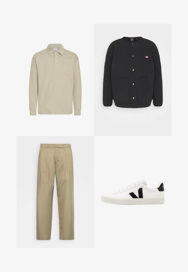 Veste matelassée noire avec un col rond, des boutons-pression dorés et deux poches avant. Présente un petit logo sur la poitrine gauche.; Polo à manches longues de couleur beige clair, avec un col et une texture subtile. Pas de logos ni de motifs visibles.; Pantalons beiges taille haute avec une coupe droite, présentant un devant plat, des poches latérales et un tissu lisse au toucher.; Sneaker blanche en cuir avec des accents en daim noir ; dispose d'une semelle en caoutchouc, d'un bout rond et d'un design classique à lacets. Logo latéral en noir.