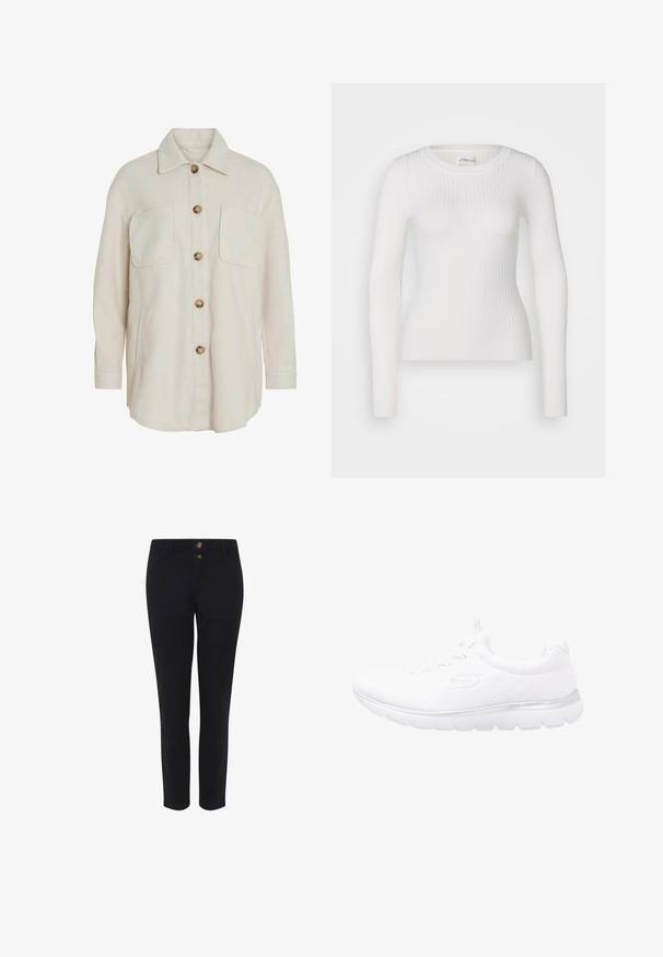 Veste en laine beige, avec un devant boutonné, deux poches poitrine et une coupe décontractée. Elle présente des boutons bruns contrastants et un col classique.; Haut à manches longues blanc en tissu côtelé avec un col rond. Le tissu est lisse, avec une texture subtile et une coupe ajustée. Pas de matériel ou de motifs visibles.; Pantalons noirs sur mesure en tissu mélangé coton, avec deux boutons à l'avant, une coupe droite et une texture lisse. Aucun motif visible.; Chaussure de sport blanche avec un dessus en tricot texturé, un accent argenté sur la semelle et une semelle extérieure en caoutchouc flexible pour le confort et le soutien.