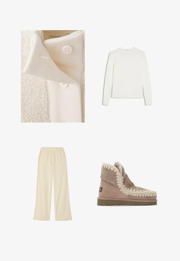 Gros plan sur un poignet en tissu côtelé couleur crème avec deux boutons blancs sur un col de veste crème texturé et duveteux.; T-shirt blanc uni à manches longues avec col rond et coupe ajustée, posé à plat sur un fond blanc.; Pantalon à jambes larges couleur crème avec un tissu texturé, une taille élastique et des poches latérales. Design simple, adapté pour une tenue décontractée.; Botte cheville en suède beige avec un bord tressé crème texturé le long de l'ouverture et une semelle en caoutchouc. Doublure douce visible en haut.