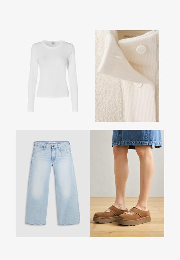 Primer plano del puño de tela acanalada color crema con dos botones blancos en un cuello de chaqueta crema texturizado y esponjoso.; Top blanco de manga larga, elástico, con cuello redondo, textura suave, diseño ajustado y detalles acanalados en las mangas y el dobladillo.; Jeans de pierna ancha en un suave tono azul, confeccionados en denim. Presentan corte recto, diseño de cinco bolsillos y un cierre de botón en la cintura.; Zapatos de plataforma de ante marrón con punta redonda, detalles recortados y una suela resistente, acompañados de una falda de mezclilla en un entorno de suelo de madera.