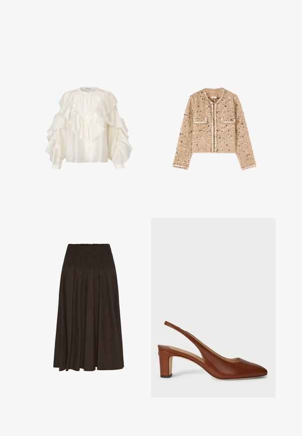 Chaqueta de punto texturizada en beige con mangas largas, bolsillos delanteros, borde deshilachado y lentejuelas brillantes dispersas que adornan la tela.; Second Female Blusa - tofu; Falda midi negra con una cinturilla elástica ancha fruncida y tela recogida para una silueta fluida.; Zapato de piel marrón tipo slingback con punta afilada, tacón bajo y laterales abiertos, que presenta una textura suave y un diseño minimalista.