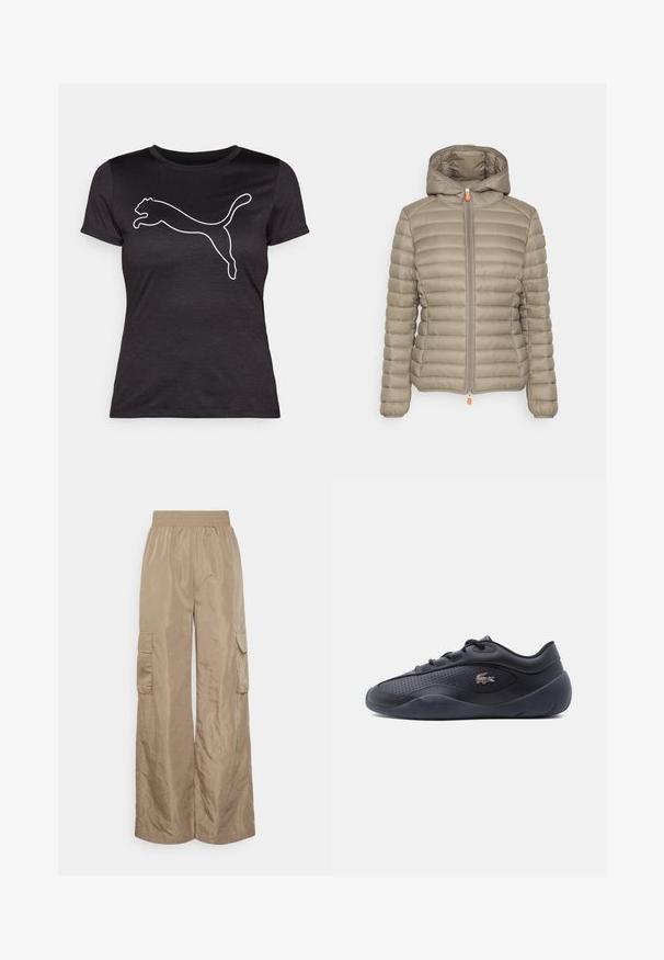 Chaqueta acolchada beige con capucha, que presenta secciones acolchadas horizontales, cremallera gris y un tirador de cremallera naranja. Tejido suave y liviano.; Camiseta negra hecha de tela suave con una gran silueta blanca del logotipo de un puma saltando en la parte delantera. Cuello redondo clásico, mangas cortas.; Even&Odd Tall Pantalones cargo - beige; Zapatilla deportiva negra de corte bajo con lados perforados, cordones, suela gruesa y pequeño logo plateado de cocodrilo en el lateral exterior.