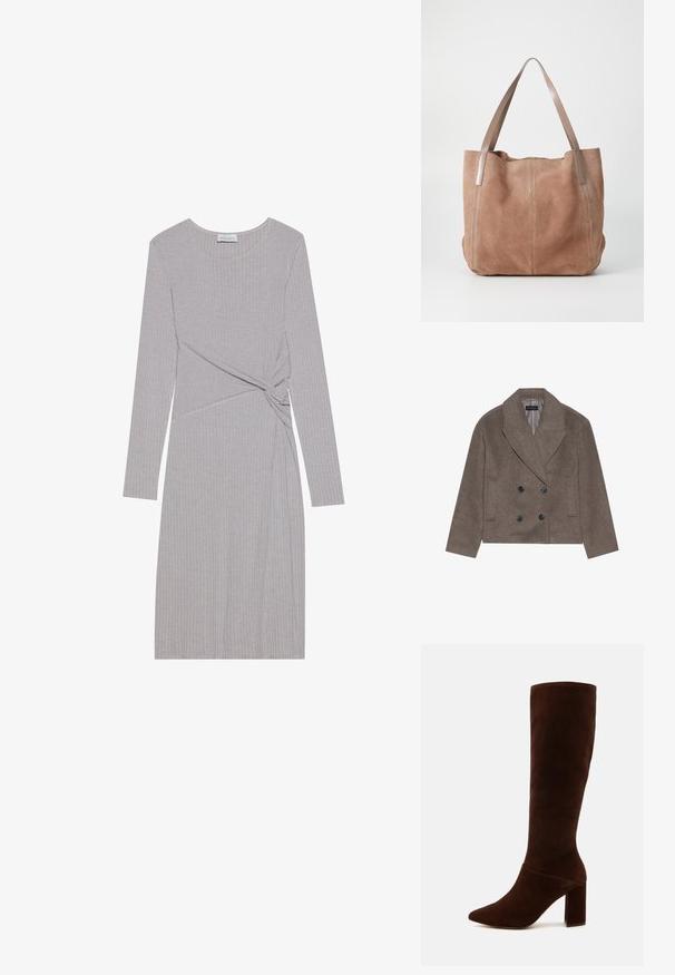 Brun uld-blandet pea coat med dobbeltbrystet front, store sorte knapper, spidse slag og sidelommer, designet med en cropped længde.; Langærmet grå ribbet kjole med et knudedesign i taljen, der har en rund halsudskæring og en tætsiddende silhuet.; Brune ruskind knæhøj støvle med spids tå og en chunky firkantet hæl. Glat texture med en tætsiddende skaft og ingen synlige lukninger.; Anna Field by Zalando LEATHER - Shopping bags - taupe