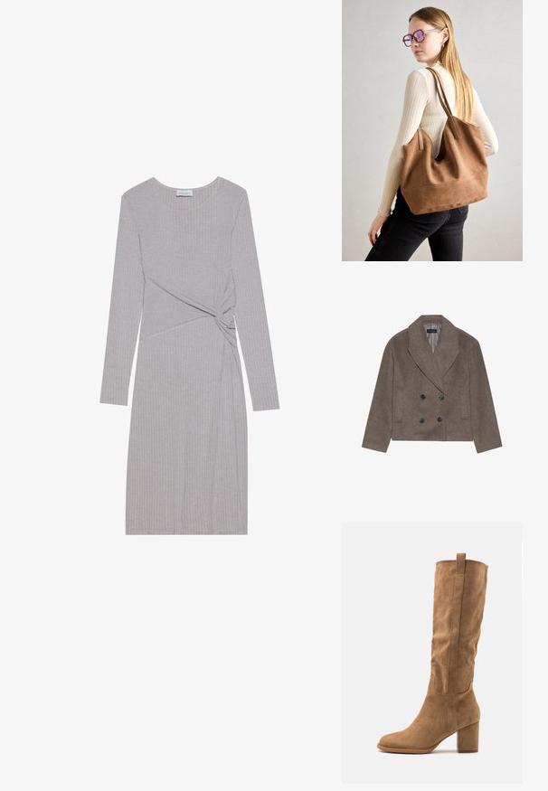 Manteau en mélange de laine marron avec un devant double boutonnage, de grands boutons noirs, des revers pointus et des poches latérales, conçu avec une longueur courte.; Robe grise à manches longues en côtes avec un design noué à la taille, dotée d'un col rond et d'une silhouette ajustée.; Botte en daim beige hauteur genou avec un talon bloc, présentant des accents cousus et une silhouette épurée pour un look moderne.; Sac fourre-tout en daim marron avec une texture douce, grande ouverture et longues sangles. Présente un design simple avec des coutures visibles et sans matériel.