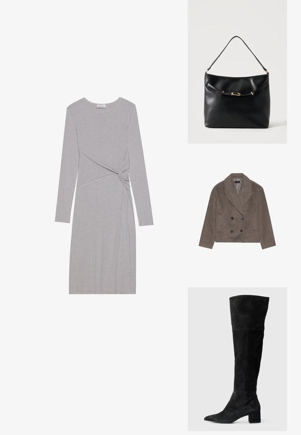 Bruine wolblend peacoat met een dubbelzijdige voorkant, grote zwarte knopen, spitse revers en zijzakken, ontworpen met een cropped lengte.; Grijze ribgebreide jurk met lange mouwen en een geknoopte design bij de taille, voorzien van een ronde halslijn en een getailleerde pasvorm.; Zwarte suède over-de-knie laarzen met een spitse neus en een blokhak. Gladde textuur met zijstiksels en een aansluitend ontwerp.; Zwarte leren schoudertas met een enkele band en een klein gouden gespsdetail aan de voorkant tegen een effen lichte achtergrond.