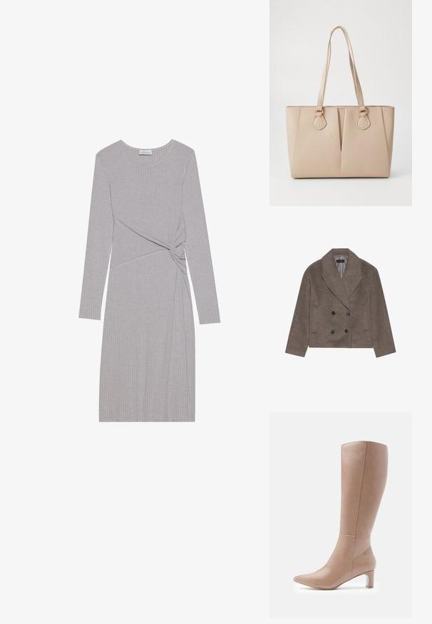 Manteau en mélange de laine marron avec un devant double boutonnage, de grands boutons noirs, des revers pointus et des poches latérales, conçu avec une longueur courte.; Robe grise à manches longues en côtes avec un design noué à la taille, dotée d'un col rond et d'une silhouette ajustée.; Bottines en cuir beige jusqu'aux genoux avec un bout pointu et un talon bloc transparent. Texture lisse et détails de couture minimalistes sur la tige.; Sac fourre-tout beige en faux cuir texturé, doté de poignées doubles et d'accents en métal doré. Le design présente un détail avant fendu.