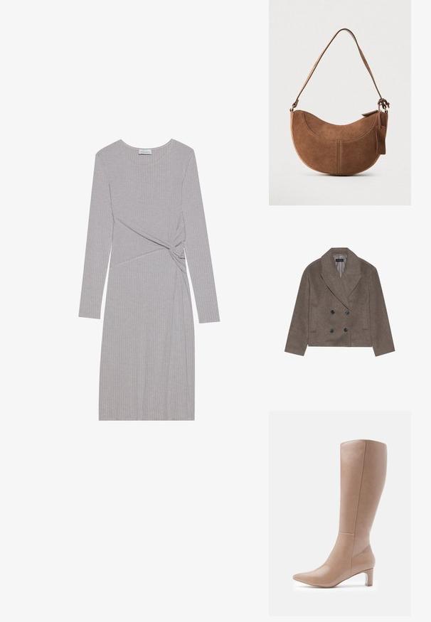 Bruine wolblend peacoat met een dubbelzijdige voorkant, grote zwarte knopen, spitse revers en zijzakken, ontworpen met een cropped lengte.; Grijze ribgebreide jurk met lange mouwen en een geknoopte design bij de taille, voorzien van een ronde halslijn en een getailleerde pasvorm.; Knielange beige leren laarzen met een puntige neus en een transparante blokhak. Gladde textuur en minimale stiksels op de schacht.; Bruine suède handtas met een gebogen, halve maanvorm. Voorzien van een schouderriem, een klein label en zichtbare stiksels langs de randen.