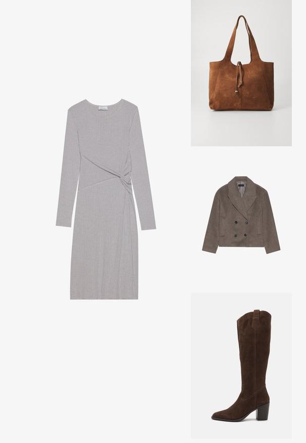 Manteau en mélange de laine marron avec un devant double boutonnage, de grands boutons noirs, des revers pointus et des poches latérales, conçu avec une longueur courte.; Robe grise à manches longues en côtes avec un design noué à la taille, dotée d'un col rond et d'une silhouette ajustée.; Anna Field by Zalando LEATHER - Bottes à talons hauts - brown; Sac fourre-tout en daim marron avec deux longues poignées, fermeture à cordon et texture lisse. Présente un design simple et des accents minimaux.