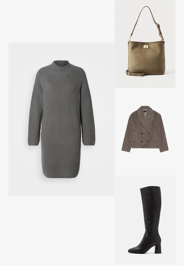 Bruine wolblend peacoat met een dubbelzijdige voorkant, grote zwarte knopen, spitse revers en zijzakken, ontworpen met een cropped lengte.; Grijze gebreide jurk met een hoge halslijn en lange mouwen, met een geribbelde textuur en een losse, rechte pasvorm. Geen zichtbare patronen of accenten.; Zwarte laarzen tot de knie, gemaakt van soepel leer. Kenmerken een spitse neus en een robuuste, gestructureerde blokhak. Minimale stikdetails.; Olijfgroene schoudertas in emmermodel met verstelbare schouderriem en goudkleurige draaivergrendeling aan de voorkant.