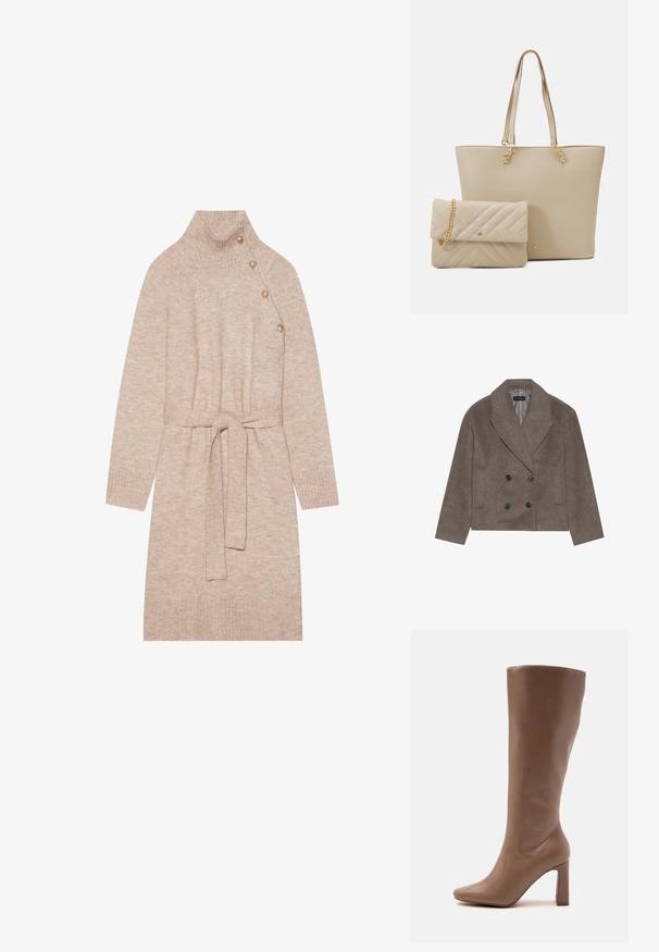 Manteau en mélange de laine marron avec un devant double boutonnage, de grands boutons noirs, des revers pointus et des poches latérales, conçu avec une longueur courte.; Robe pull en beige, dotée d'un col montant, de trois boutons à l'épaule, d'une taille ceinturée et de poignets côtelés.; Botte en cuir marron mi-mollet avec bout pointu et talon haut épais, vue de profil sur fond blanc.; Sac fourre-tout beige avec des poignées plates, texture lisse et métal doré, accompagné d'une pochette matelassée assortie avec une chaîne.