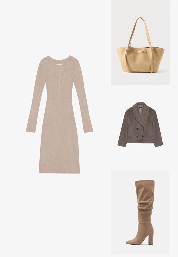Manteau en mélange de laine marron avec un devant double boutonnage, de grands boutons noirs, des revers pointus et des poches latérales, conçu avec une longueur courte.; Robe en tricot côtelé beige avec des manches longues, un col ras du cou, une forme ajustée et une texture douce. Présente des lignes verticales sur l'ensemble.; Anna Field Bottes - beige; Sac fourre-tout en cuir beige avec deux longues lanières, texture lisse et un subtil accent en métal à l'avant. Conception à ouverture supérieure, intérieur spacieux.