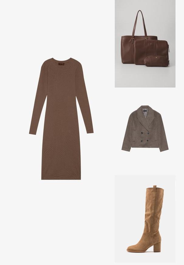 Brun uld-blandet pea coat med dobbeltbrystet front, store sorte knapper, spidse slag og sidelommer, designet med en cropped længde.; Anna Field by Zalando Jerseykjole - brown; Knæhøj tan ruskind støvle med blokhæl, der har syede detaljer og en strømlinet silhuet for et moderne look.; Brun læder tote taske med to matchende pouches; tote tasken har lange håndtag, mens pouches er med lynlås og i varierende størrelser. Gyldne detaljer inkluderet.