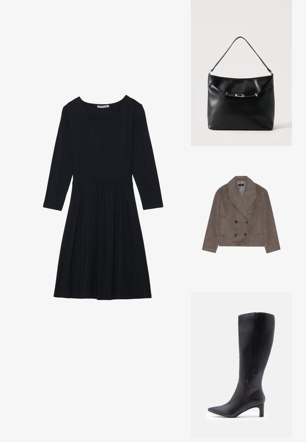 Manteau en mélange de laine marron avec un devant double boutonnage, de grands boutons noirs, des revers pointus et des poches latérales, conçu avec une longueur courte.; Robe noire avec des manches longues, un col rond et une jupe plissée. Fabriquée en tissu doux, elle présente un design simple et classique.; Bottes noires en cuir, arrivant jusqu'aux genoux, avec des bouts pointus, présentant un design épuré et un petit talon carré. Texture lisse avec des accents minimalistes.; Sac à épaule en cuir noir avec une bandoulière unique et un petit détail de boucle dorée à l'avant, sur un fond clair uni.