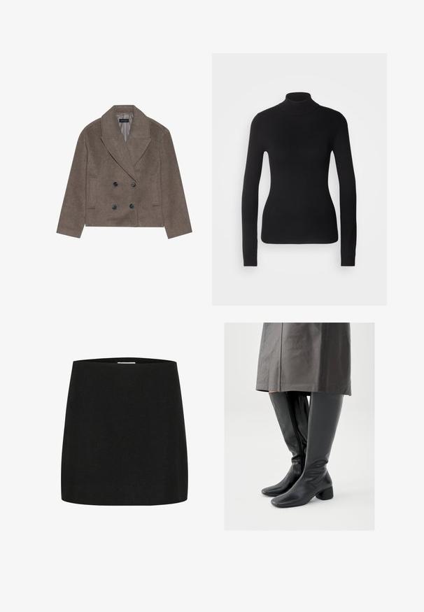 Brun uld-blandet pea coat med dobbeltbrystet front, store sorte knapper, spidse slag og sidelommer, designet med en cropped længde.; Sort turtleneck sweater lavet af let strikket stof. Har lange ærmer, et tætsiddende design og en blød ribbet tekstur.; Sort mini-skjorte lavet af tekstureret stof, med en simpel, lige skæring uden synlige udsmykninger eller mønstre.; Knæhøje sorte læderstøvler med firkantet tå, skråt stillet blokhæl og en sidesyning; glat tekstur og tætsiddende design.