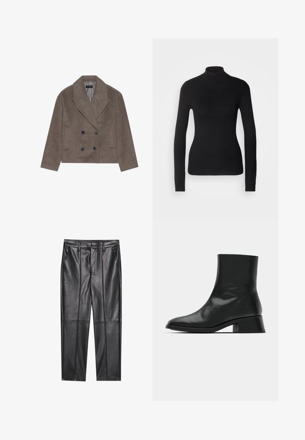Brun uld-blandet pea coat med dobbeltbrystet front, store sorte knapper, spidse slag og sidelommer, designet med en cropped længde.; Sort turtleneck sweater lavet af let strikket stof. Har lange ærmer, et tætsiddende design og en blød ribbet tekstur.; Sorte læderbukser med en glat overflade, der har lige pasform, to forlommer og synlige sømdetaljer.; Sort ankelstøvle lavet af blank læder, med et strømlinet design, spids tå og en moderat blokhælhøjde for stabilitet.