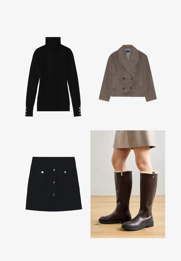 Bruine wolblend peacoat met een dubbelzijdige voorkant, grote zwarte knopen, spitse revers en zijzakken, ontworpen met een cropped lengte.; Zwarte coltrui met een ribbelstructuur. Beschikt over aansluitende lange mouwen met drie zilveren knopen bij elke manchette.; Zwarte denim minirok met een rechte snit, voorzien van twee borstzakken, vijf zilveren knopen aan de voorkant en een gladde textuur.; Bruine kniehoge laarzen met een glad leren oppervlak, nepbont rand aan de bovenkant, ritssluiting aan de zijkant en stevige, gestructureerde rubberen zool.