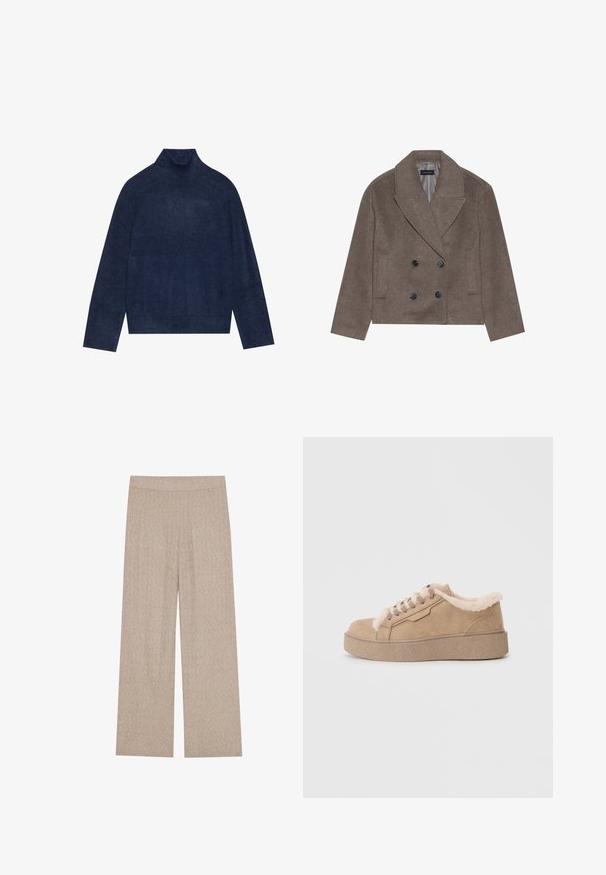 Brun uld-blandet pea coat med dobbeltbrystet front, store sorte knapper, spidse slag og sidelommer, designet med en cropped længde.; Mørkeblå rullekrave sweater med ribbet detaljering på kraven og ærmerne, lavet af et blødt, struktureret strikket stof med en afslappet silhuet.; Beige vidde bukser med ribbet tekstur og elastisk talje. Blødt strikket stof har et subtilt mønster gennem hele. ; Beige ruskindsneaker med faux fur kant, tekstureret platformsohle og rund tå. Har beige snørebånd og detaljeret syninger.