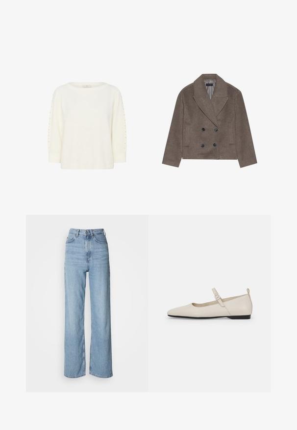 Brun uld-blandet pea coat med dobbeltbrystet front, store sorte knapper, spidse slag og sidelommer, designet med en cropped længde.; Kaffe KABETTY - Striktrøje - chalk cc; Lyseblå højtskårne jeans med lige ben, lavet af denim, med frontknaplukning og diskrete falmede detaljer.; Hvide ballerinasko i læder med spids tå, ankelsnor og lav sort hæl. Glat tekstur med minimale detaljer.