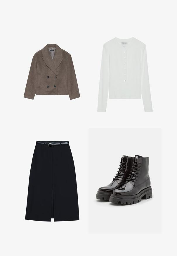 Manteau en mélange de laine marron avec un devant double boutonnage, de grands boutons noirs, des revers pointus et des poches latérales, conçu avec une longueur courte.; Haut à manches longues blanc en tissu côtelé, avec un col rond et un devant boutonné comportant six boutons transparents.; Jupe noire à mi-cuisse avec une fente frontale, fabriquée en tissu lisse. Comprend une fine ceinture noire avec une boucle en argent et des passants.; Bottines en cuir verni noir avec lacets à l'avant, semelle épaisse noire et fermeture éclair sur le côté. Présente une texture lisse et brillante et un bout rond.