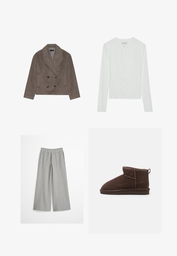 Bruine wolblend peacoat met een dubbelzijdige voorkant, grote zwarte knopen, spitse revers en zijzakken, ontworpen met een cropped lengte.; Witte lange mouwen top van ribstof, met een ronde halslijn en een knopenfront met zes doorzichtige knopen.; Lichtgrijze wijde broek met elastische tailleband, gemaakt van zachte gebreide stof, getoond op een effen witte achtergrond.; Bianco BIASNOW - Enkelkaarsjes - dark brown