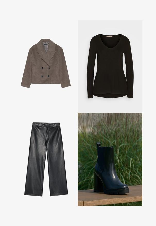 Brauner Wollmischung-Peacoat mit doppelter Knopfleiste, großen schwarzen Knöpfen, spitzen Revers und seitlichen Taschen, entworfen mit einer cropped Länge.; Langärmliges, schwarzes Oberteil mit V-Ausschnitt, gefertigt aus einem glatten, dehnbaren Stoff; verfügt über einen abgerundeten Saum und eine figurbetonte Silhouette.; Schwarze Leder-Hose mit weiter Beinform, glatter Textur, Gürtelschlaufen und einem Reißverschluss vorne. Sie zeichnet sich durch eine lockere Passform und saubere Nähte aus.; Schwarze, glänzende Leder-Ankle-Boots mit klobigem hohen Absatz und Zuglasche, präsentiert auf einer Holzoberfläche vor einem Hintergrund aus hochgewachsenem grünem Gras.