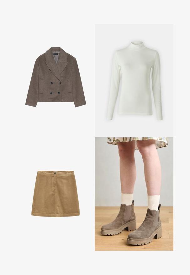 Brun uld-blandet pea coat med dobbeltbrystet front, store sorte knapper, spidse slag og sidelommer, designet med en cropped længde.; Langærmet polokravebluse i lys creme, fremstillet af et glat, strækbart stof. Tætsiddende design med ribbet tekstur ved halsudskæringen.; Brun fløjl mini nederdel med knaplukning, der har en vertikal ribbet tekstur og et enkelt design. Kanten er lige og velafgrænset.; Tamaris Plateaustøvletter - taupe