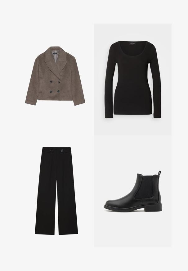 Manteau en mélange de laine marron avec un devant double boutonnage, de grands boutons noirs, des revers pointus et des poches latérales, conçu avec une longueur courte.; Haut noir à manches longues avec un décolleté en U, fabriqué en tissu doux et extensible. Présente une forme ajustée et une texture lisse. Étiquette de marque visible.; Pantalons larges noirs en tissu lisse, avec une taille haute et deux boutons frontaux. Taille ajustée et design longueur complète.; Bottines Chelsea en cuir noir avec des panneaux latéraux élastiques, bout arrondi et un petit talon en bloc. Texture lisse et design minimaliste.
