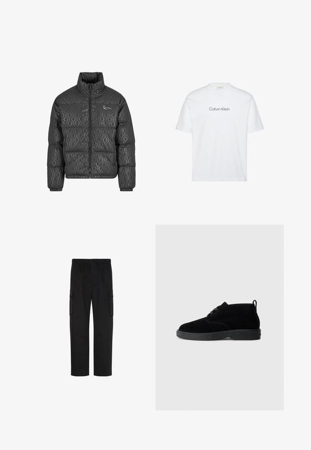 Chaqueta de plumas en gris oscuro con un acabado brillante, que presenta un patrón geométrico, cuello alto y cierre frontal con cremallera. Incluye puños elásticos.; Camiseta blanca de algodón con mangas cortas. Presenta un cuello redondo y un logo impreso de "Calvin Klein" en gris en el pecho.; Pantalones cargo negros de pierna recta con cintura elástica, cierre de botón y dos bolsillos con solapa en los lados.; Botas de tobillo de ante negro con punta redondeada, diseño de cordones, suela de goma negra y una lengüeta en la parte trasera para facilitar su uso.