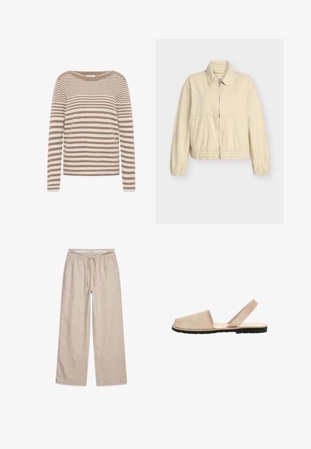 Beige cropped jack in een zachte katoenmix, met elastische boorden aan mouwen en taille, een rits aan de voorkant, en zijzakken. Eenvoudig, strak ontwerp.; Gestreepte trui in beige en crèmekleurig, met lange mouwen, een brede halslijn en een structuurgebreide ontwerp.; Beige wijde broek met elastische tailleband en trekkoorden, voorzakken en een klein "PEGADOR"-logo aan de rechterkant.; Beige suède slingback sandaal met een ronde neus, minimalistisch ontwerp, platte zwarte rubberen zool en blootgestelde stiksels.