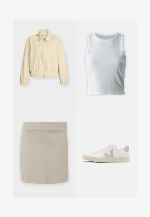 Beige cropped jack in een zachte katoenmix, met elastische boorden aan mouwen en taille, een rits aan de voorkant, en zijzakken. Eenvoudig, strak ontwerp.; Witte geribde tanktop met een ronde halslijn en mouwloos ontwerp, voorzien van een rechte zoom en een gladde, rekbare textuur.; Beige minirok gemaakt van zachte stof, met een rechte snit, eenvoudig ontwerp en een verborgen ritssluiting aan de zijkant.; Witte sneakers van leer met grijze V-logo accenten, een gestructureerde rubberen zool, witte veters en een gevoerde tong en kraag.