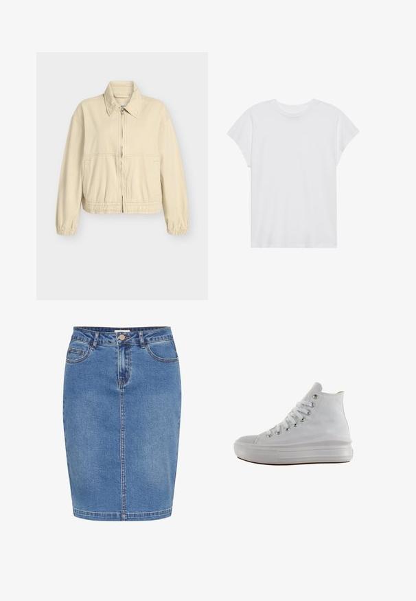 Beige cropped jakke i en blød bomuldsblanding med elastiske manchetter og taljebånd, lynlås foran og sidelommer. Simpelt, rent design.; Hvid kortærmet t-shirt med rund hals, afslappet pasform, lavet af blødt bomuldsstof. Glat tekstur, ingen mønstre eller logoer.; Lysblå denimnederdel med tætsiddende design, frontknaplukning, fem lommer og kontrastsyer langs sømmene.; Hvid højt canvas sneaksko med hvide snørebånd, metaløjer, tyk gummisål og tekstureret tåhætte, vendt mod venstre på en hvid baggrund.