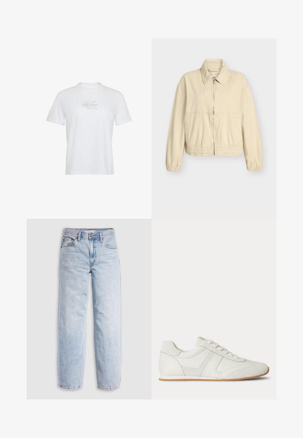 Beige cropped jakke i en blød bomuldsblanding med elastiske manchetter og taljebånd, lynlås foran og sidelommer. Simpelt, rent design.; Hvid bomuld T-shirt med korte ærmer, rund hals og et guldprintet Calvin Klein-logo på forsiden.; Lyseblå denimjeans med høj talje, afslappet pasform, lige ben og et klassisk design med fem lommer. Synlige falmede detaljer og syninger.; Hvid lavtop sneaker med snørelukning foran, ruskind- og læderpaneler og en lysebrun gummisål på en hvid baggrund.