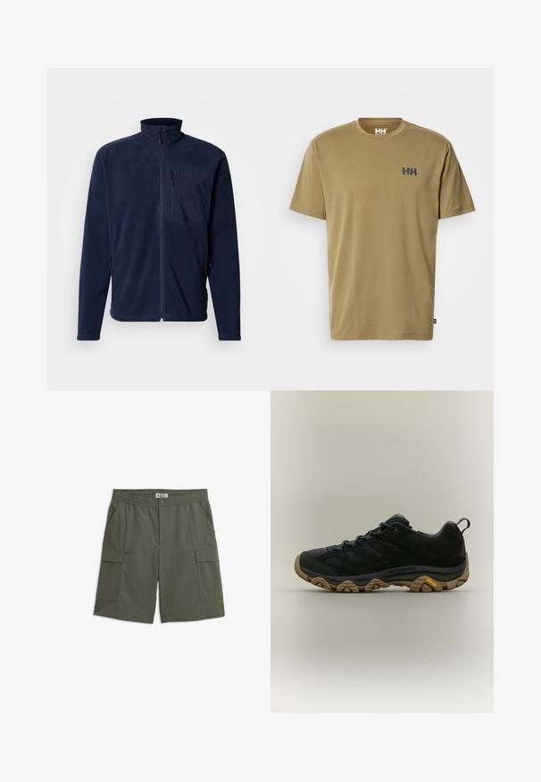 Veste polaire marine avec col montant, fermeture éclair à l'avant et poche poitrine ; dotée de poches latérales et d'une texture lisse. Logo sur la poche.; T-shirt à manches courtes en coton brun clair, avec un col rond et un petit logo bleu foncé sur la poitrine gauche. Texture lisse.; Shorts cargo vert olive avec taille élastique, bouton frontal, deux poches latérales et deux poches cargo à rabat.; Chaussure de randonnée noire avec semelle Vibram marron texturée et languette au talon, présentée de profil sur fond neutre.