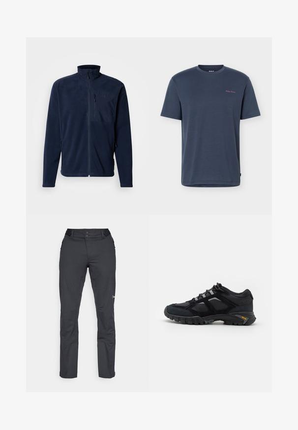 Marineblauwe fleecejas met een hoge kraag, ritssluiting aan de voorkant en een borstzak; voorzien van zijzakken en een gladde textuur. Logo op de zak.; Navyblauw T-shirt met korte mouwen en ronde hals, met een klein roze "Helly Hansen" logo op de linkerborst.; Berghaus RIDGE ROAMER - Outdoorbroeken - black; Zwarte buitenschoen van suede en mesh met een robuuste zool. Voorzien van grijze accenten en Vibram-logo op de zijkant. Vetersluiting.