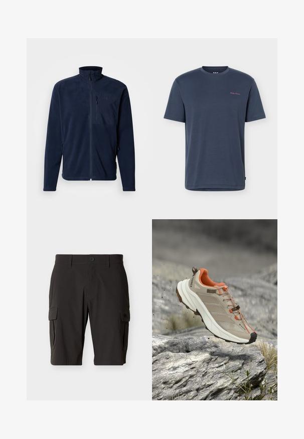 Veste polaire marine avec col montant, fermeture éclair à l'avant et poche poitrine ; dotée de poches latérales et d'une texture lisse. Logo sur la poche.; T-shirt bleu marine à manches courtes et col rond avec petit logo "Helly Hansen" rose sur la partie supérieure gauche de la poitrine.; Shorts cargo noirs longueur genou avec fermeture à bouton, passants de ceinture et poches latérales à rabat sur fond uni.; Chaussure de randonnée beige et orange avec semelle épaisse, étiquette GORE-TEX et marque "TERREX", montrée au-dessus d'un terrain rocheux.