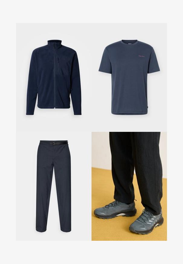 Veste polaire marine avec col montant, fermeture éclair à l'avant et poche poitrine ; dotée de poches latérales et d'une texture lisse. Logo sur la poche.; T-shirt bleu marine à manches courtes et col rond avec petit logo "Helly Hansen" rose sur la partie supérieure gauche de la poitrine.; Pantalons bleu marine foncé à coupe droite, dotés de deux poches avant, d'une ceinture noire ajustable et d'une texture lisse.; Baskets de sport grises en mesh et synthétique avec un profil de semelle prononcé, des accents réfléchissants et un design à lacets, associées à un pantalon noir ample.