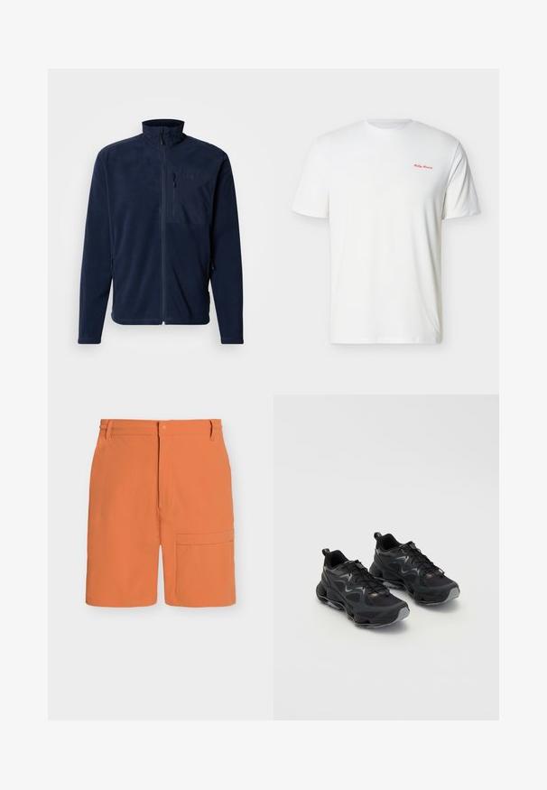 Veste polaire marine avec col montant, fermeture éclair à l'avant et poche poitrine ; dotée de poches latérales et d'une texture lisse. Logo sur la poche.; T-shirt blanc à manches courtes et col rond avec un petit logo rouge « Helly Hansen » sur la poitrine en haut à gauche.; Short orange longueur genou avec fermeture par bouton et zip, passants de ceinture et grande poche latérale sur la jambe droite.; Chaussures de sport noires avec une tige en maille texturée, dotées d'une semelle épaisse, d'un système de laçage et de subtils accents gris.