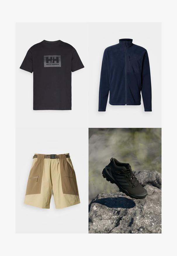 Veste polaire marine avec col montant, fermeture éclair à l'avant et poche poitrine ; dotée de poches latérales et d'une texture lisse. Logo sur la poche.; T-shirt en coton noir à manches courtes, arborant un logo rectangulaire gris au centre avec "HH" et "HELLY HANSEN" en dessous.; Shorts cargo beige et sable avec deux grandes poches latérales, une poche zippée et une ceinture à motifs. Confectionnés en tissu léger.; Chaussure de trail running noire avec une semelle robuste flottant au-dessus d'une surface rocheuse, des particules de terre visibles dans un cadre extérieur.