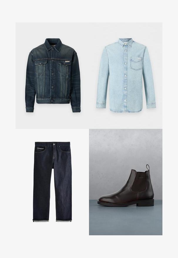 Denim jack in donkerblauw met lichte vervaging. Beschikt over twee borstzakken, knoopsluiting en klassieke kraag. Gelaagd stof.; Lichtblauw denim overhemd met lange mouwen, knoopsluiting aan de voorkant, een borstzak met Calvin Klein-logo en puntige kraag.; Donkerblauwe spijkerbroek met opgerolde pijpen, knoop- en ritssluiting, voor- en muntzakken en contrasterende stiksels op een witte achtergrond.; Bruine leren Chelsea-boot met elastische zijpanelen, een trekhaak en een gladde afwerking, geplaatst tegen een gestructureerd oppervlak van baksteen en grind.