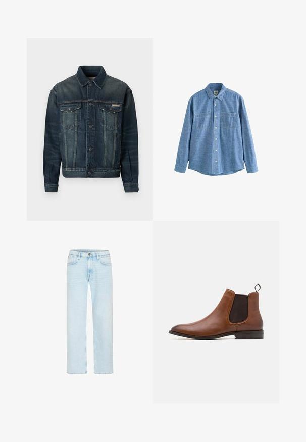 Denim jack in donkerblauw met lichte vervaging. Beschikt over twee borstzakken, knoopsluiting en klassieke kraag. Gelaagd stof.; Blauw chambray overhemd met lange mouwen, knoopsluiting aan de voorkant en twee borstzakken, plat gelegd op een witte achtergrond.; Lichtblauwe jeans met rechte pijpen, knoop en rits aan de voorkant, riemlussen en voorzakken op een witte achtergrond.; Zign by Zalando LEATHER - Lage laarzen - cognac