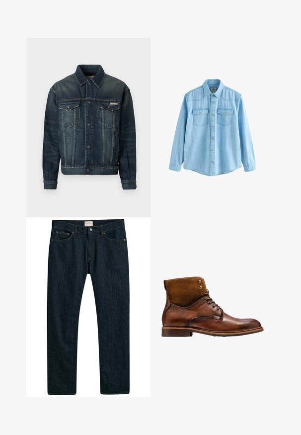 Denim jack in donkerblauw met lichte vervaging. Beschikt over twee borstzakken, knoopsluiting en klassieke kraag. Gelaagd stof.; Lichtblauw denim hemd met lange mouwen, knoopsluiting aan de voorkant en twee borstzakken met kleppen en knopen.; Donkerblauwe denim jeans met een recht model, vijf zakken en contrasterende stiksels op de naden. Gladde stofstructuur.; Kazar ALID - Veterboots - brown