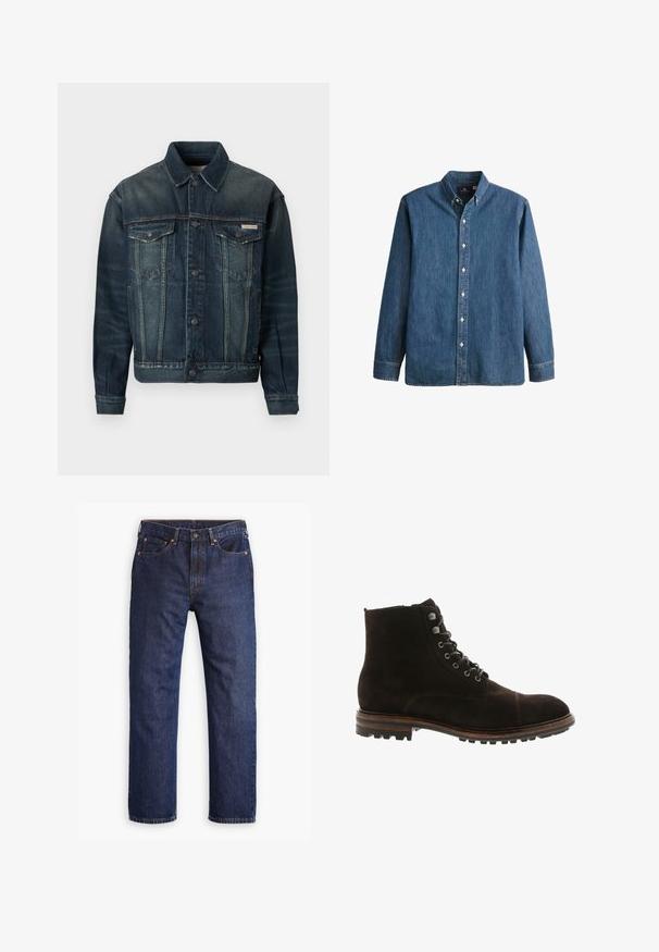 Jeanskurt i mørkeblå med lys falmning. Har to brystlommer, knaplukning og klassisk krave. Tekstileret stof.; Denim button-up skjorte i mellemblå, med lange ærmer, spidse kraver, hvide knapper og en tætsiddende pasform med diskret logo broderi.; Mørkeblå straight-leg denim jeans med frontknap, lynlås, fem lommer og detaljer i kobbernitter.; Blackstone Snørestøvletter - brown