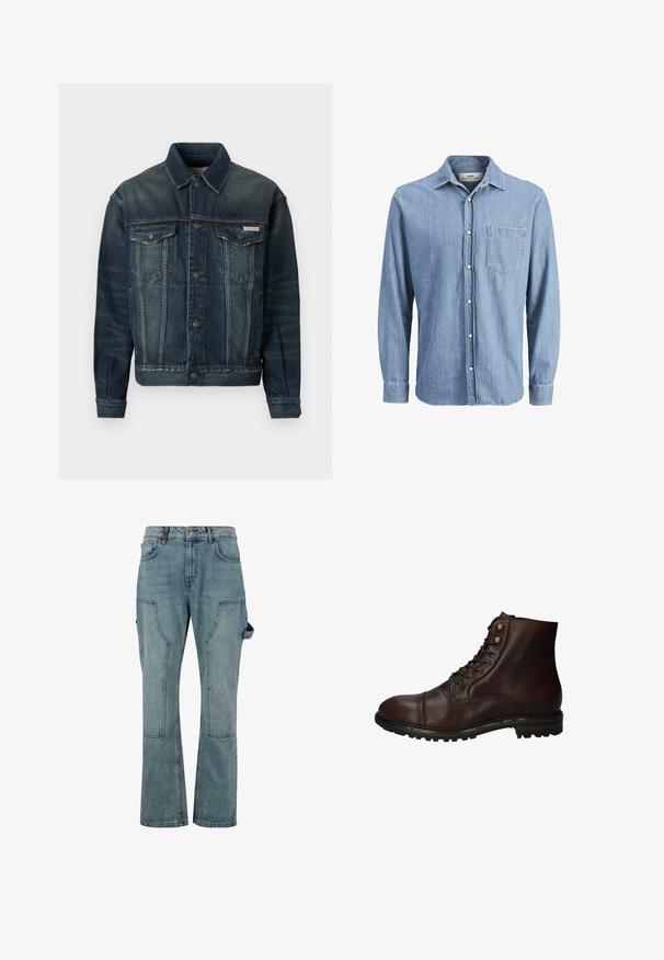 Jeanskurt i mørkeblå med lys falmning. Har to brystlommer, knaplukning og klassisk krave. Tekstileret stof.; Lysblå denimskjorte med knap-ned krave, lange ærmer, enkelt brystlomme og broderet logo på lommen.; Lyseblå denim cargo bukser med lige ben-design, der har flere lommer og en knaplukning i taljen.; Mørkebrun læder snørebånd ankelstøvle med robuste gummisål og metaløjer, set fra den ydre side.