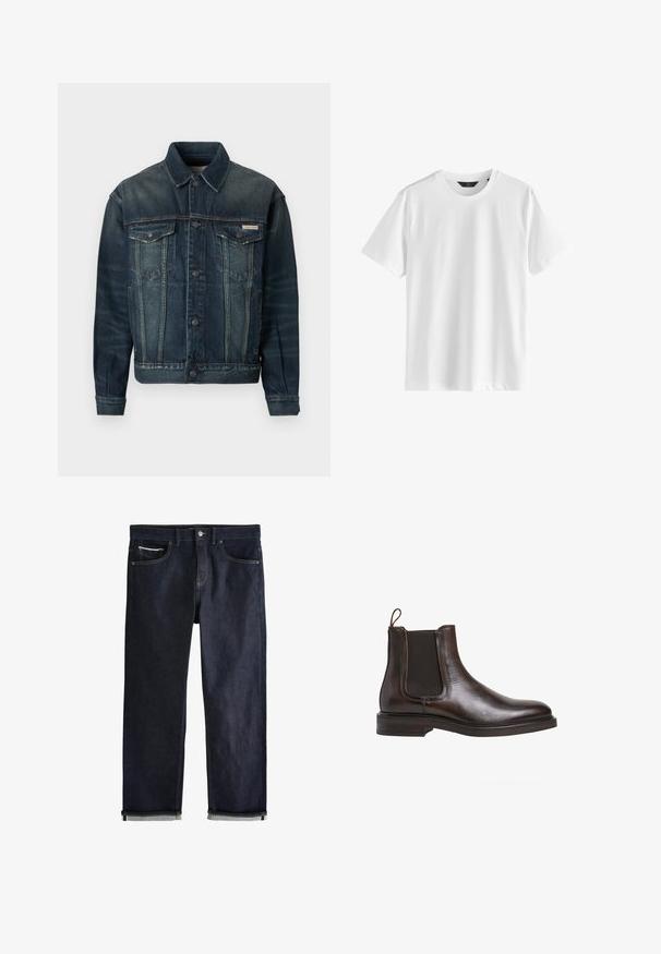 Jeanskurt i mørkeblå med lys falmning. Har to brystlommer, knaplukning og klassisk krave. Tekstileret stof.; Enkel hvid T-shirt med korte ærmer og rund hals i glat stof med et sort mærke ved kraven.; Mørkeblå denimjeans med en klassisk lige pasform, der har fem lommer, knaplukning og op rullede manchetter, som viser en lys blå foring.; Brune læder Chelsea støvle med elastiske sidepaneler, løkke til at trække op med, og en lav stablet hæl. Glat tekstur og slank silhuet.