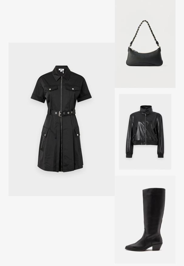 Schwarze kurze Jacke aus Kunstleder mit hohem Kragen, durchgehendem Frontreißverschluss, schrägen Klappentaschen und gerippten Bündchen an Ärmeln und Bund.; Schwarzes Kleid mit kurzen Ärmeln, Reißverschluss vorne, zwei Brusttaschen und seitlichen Taschen. Es hat eine taillierte Silhouette mit silbernen Hardware-Elementen.; Schwarzer Lederstiefel bis zur Wade mit spitzer Spitze und niedrigem schrägem Absatz vor einfachem hellem Hintergrund.; Schwarze Lederschultertasche mit gewölbter rechteckiger Form, goldener Kette, die in den geflochtenen schwarzen Riemen eingewebt ist, und Reißverschlussverschluss oben.