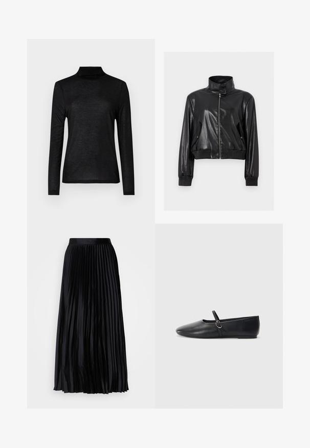 Veste courte en faux cuir noir avec col montant, fermeture éclair intégrale à l'avant, poches à rabat inclinées et poignets et taille côtelés.; Haut turtleneck noir à manches longues en tissu lisse et léger. Présente un design ajusté avec un col haut et sans motifs.; Jupe plissée noire en tissu lisse avec une taille large, présentant des plis verticaux pour une texture et un tombé fluides, atteignant la longueur midi.; Ballerines noires en cuir avec un bout pointu, une semelle plate et une petite sangle avec un détail de boucle en argent.