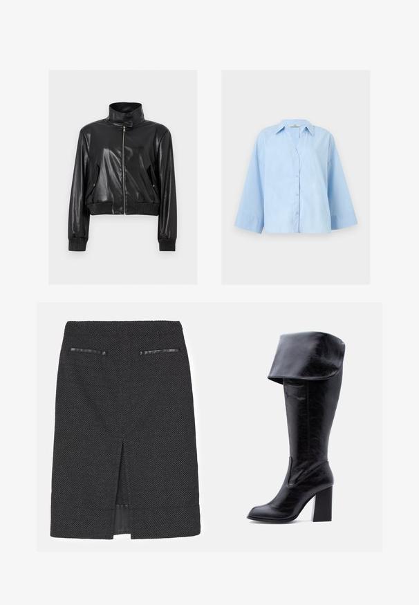 Veste courte en faux cuir noir avec col montant, fermeture éclair intégrale à l'avant, poches à rabat inclinées et poignets et taille côtelés.; Chemise boutonnée oversize bleu clair avec manches larges trois quarts et col classique, présentée à plat sur un fond clair.; Jupe crayon noire avec un tissage texturé, dotée de deux fausses poches et d'une fente arrière pour plus de mobilité. Doublure intérieure lisse.; Botte haute en cuir noir avec talon, bord plié et bout arrondi, debout sur un fond blanc.