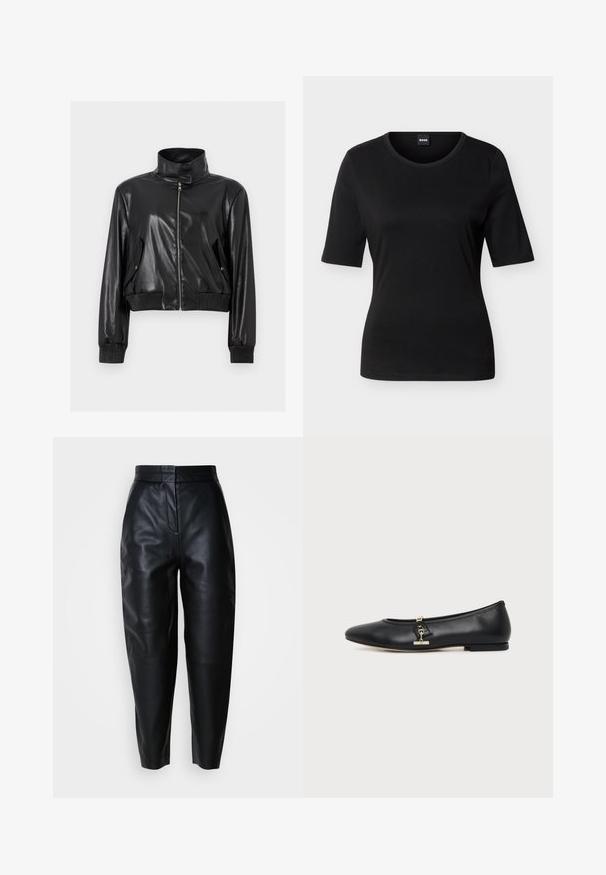 Sort cropped jakke i kunstlæder med høj krave, fuld lynlås foran, skrå lommer med klap og ribstrikkede manchetter og talje.; Sort tætsiddende T-shirt med korte ærmer og rund halsudskæring samt mærke på indersiden af nakken.; Sorte højtaljede smalle læderbukser med lynlås foran og syninger ved knæene på en ensfarvet hvid baggrund.; Sort læder flad sko med rundet tå og lille guldlåsdetalje på siden, vist på en ensfarvet lys baggrund.